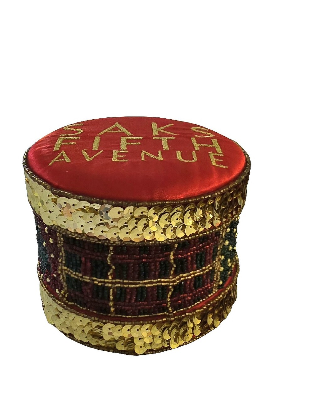 Saks Fifth Avenue VTG GAC 1997 Beaded Trinket Box Red Satin Gold Holiday Decor